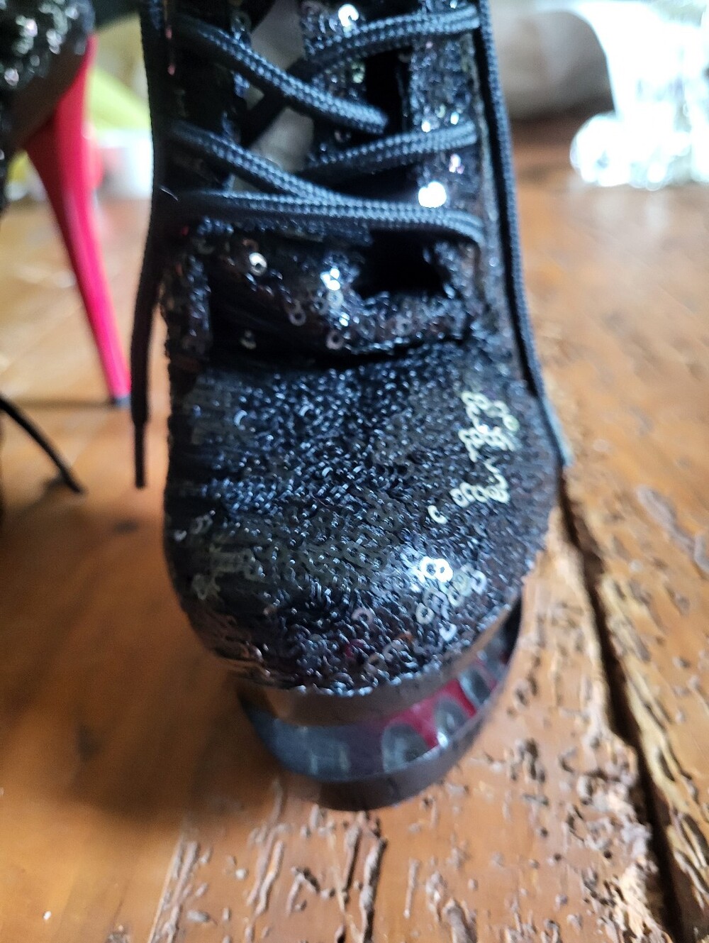 Pleaser Black Sequin Lace-Up Platform Booties with Red Heel - Picture 4 of 11